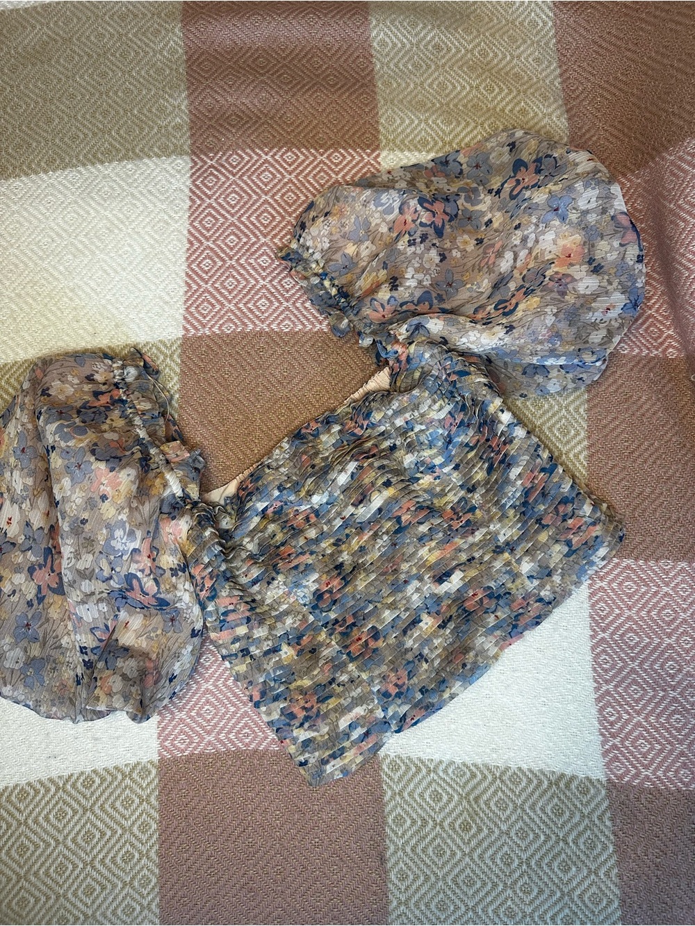 Astr Floral Smocked Top in Blue, Pink, and Beige